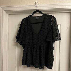 Arula Swiss Dot Short Sleeve V Neck Black Top, Size X